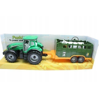 Rotaļu traktors ar zaļu piekabi un gotiņu