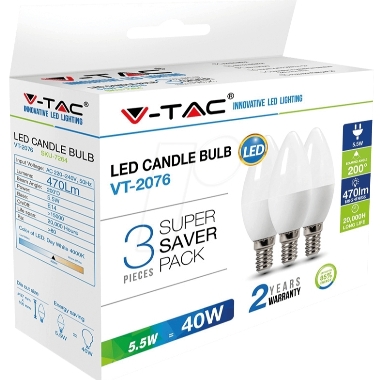 Spuldzes LED V-TAC, E14, 5,5W, 470lm, 37x100mm, 3 gab.