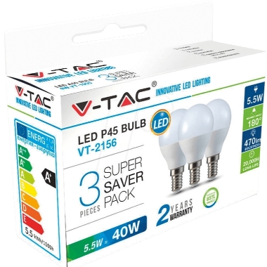 Spuldzes LED V-TAC, E14, 5,5W, 470lm, 45x81mm, 3 gab.