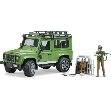 Rotaļu Land Rover Defender ar mednieka un suņa figūrām, Bruder