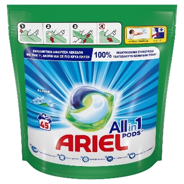 Veļas mazgāšanas kapsulas Ariel Alpine, 45 gab.