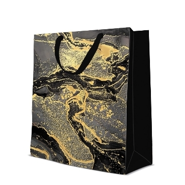Dāvanu maisiņš melns ar zelta marmora rakstu, 26,5x13x33,5 cm