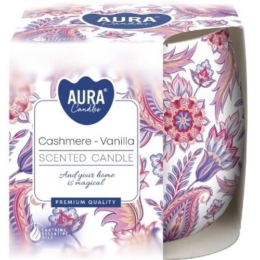 Svece apdrukātā stikla traukā Cashmere - Vanilla, Aura