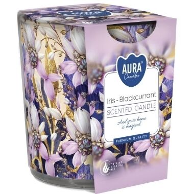 Aromātiskā svece apdrukātā stikla traukā Iris-Blackcurrant, Aura