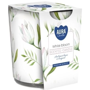 Aromātiskā svece apdrukātā stikla traukā White Bloom, Aura