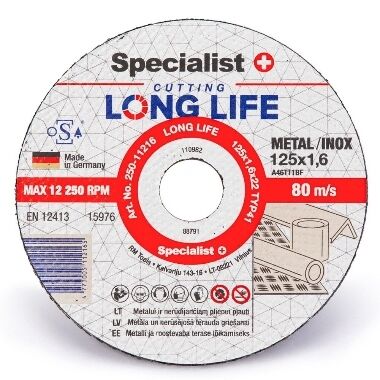 Metāla griešanas disks Long Life 125x1,6x22 mm, Specialist+