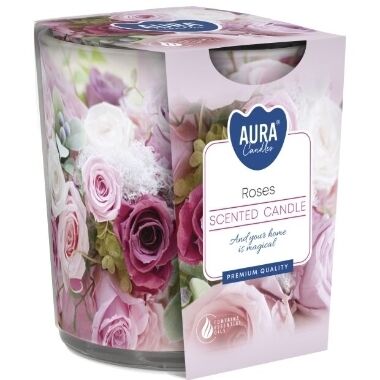 Aromātiskā svece apdrukātā stikla traukā Roses, Aura