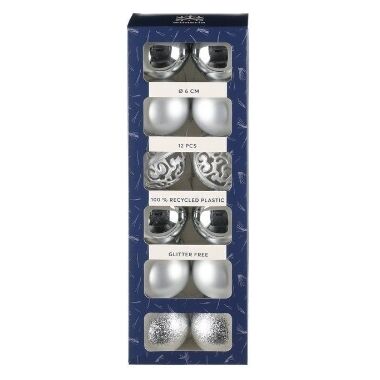 Plastmasas bumbiņas eglītei sudraba mix 6 cm Winteria, 12 gab.