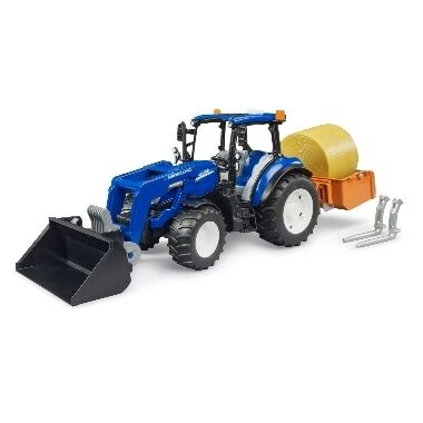 Rotaļu traktors New Holland T5.120 ar frontālo iekrāvēju, izgāztuvi un dakšām, Bruder