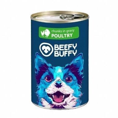 Konservi pieaugušiem suņiem putnu gaļas gabaliņi mērcē Beefy Buffy, 415 g