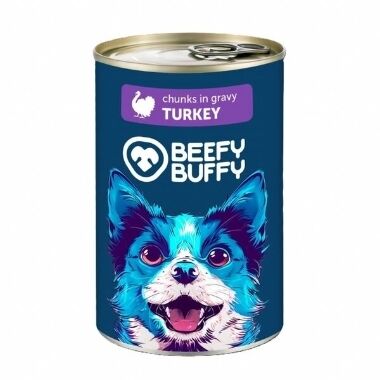 Konservi pieaugušiem suņiem tītara gaļas gabaliņi mērcē Beefy Buffy, 415 g