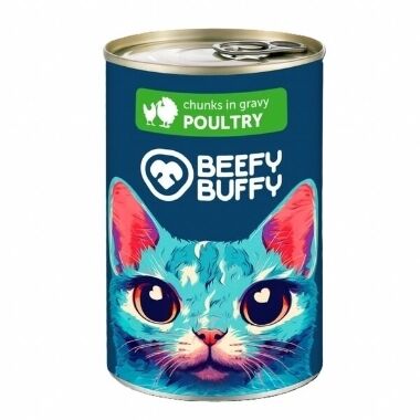 Konservi pieaugušiem kaķiem ar putnu gaļas gabaliņiem mērcē Beefy Buffy, 415 g