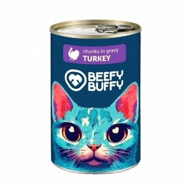 Konservi pieaugušiem kaķiem ar tītara gaļas gabaliņiem mērcē Beefy Buffy, 415 g
