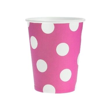 Papīra glāzes rozā ar punktiņiem 270 ml, 6 gab.