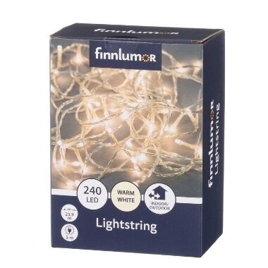 Spuldzīšu virtene ar caurspīdīgu kabeli, silti balta 240 LED, Finnlumor