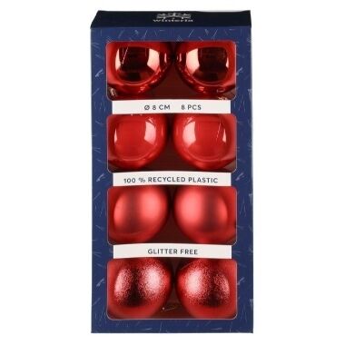 Plastmasas bumbiņas eglītei sarkanas mix 8 cm Winteria, 8 gab.