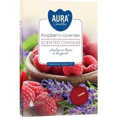 Aromātiskās tējas sveces aveņu/lavadas Aura, 6 gab.