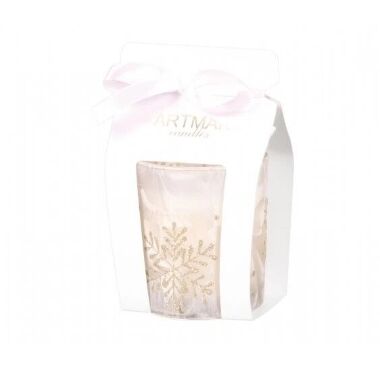 Svece baltā stikla traukā ar sniegpārsliņu, 1 gab.