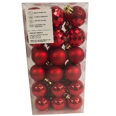 Plastmasas bumbiņas eglītei sarkans mix 3 cm Oris, 36 gab.