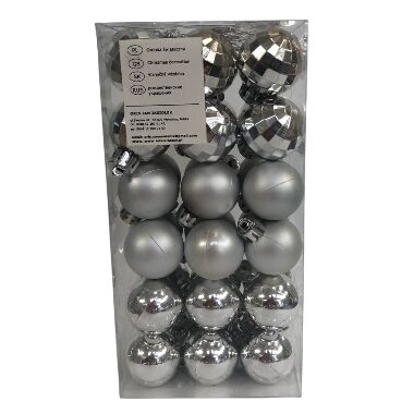 Plastmasas bumbiņas eglītei sudraba mix 3 cm Oris, 36 gab.