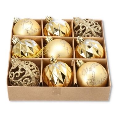 Plastmasas bumbiņas eglītei zelta mix 6 cm Oris, 9 gab.